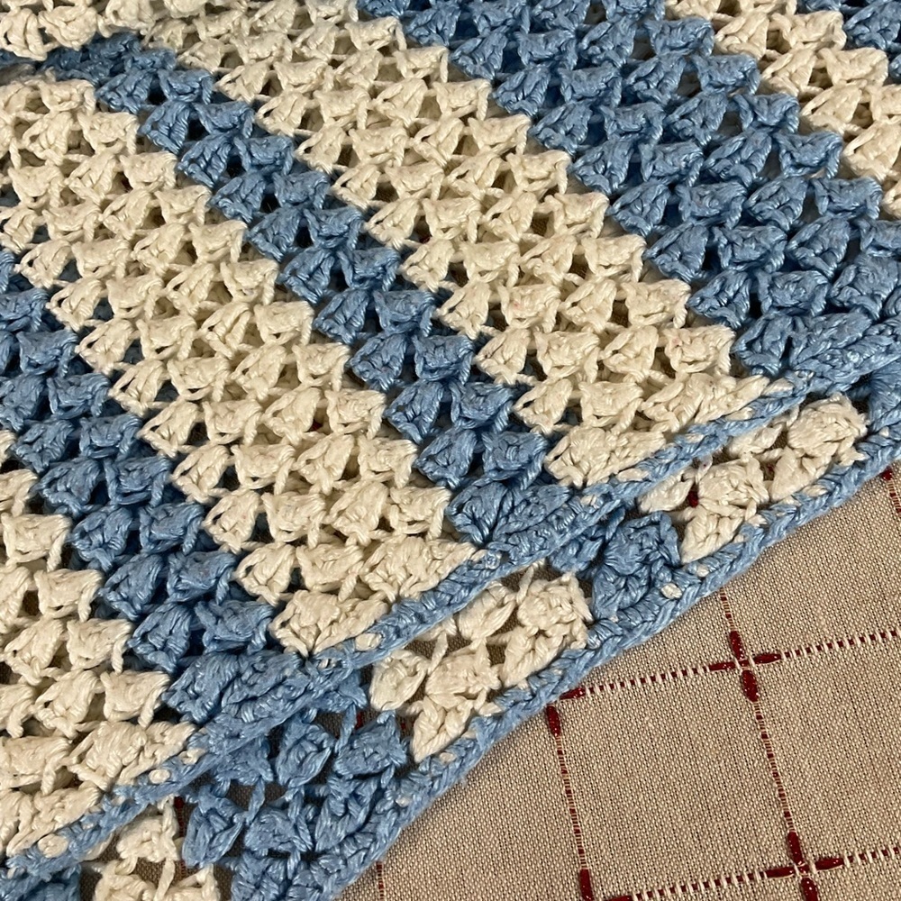 Beautiful & Delicate Vintage Handmade Crochet Blue & White Striped Blanket - Picture 3 of 6